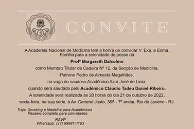 Convite para posse da Profª. Margareth Dalcolmo na Academia Nacional de Medicina